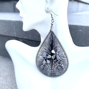 VINTAGE Oversized earrings teardrops black thread floral hippie drops big boho